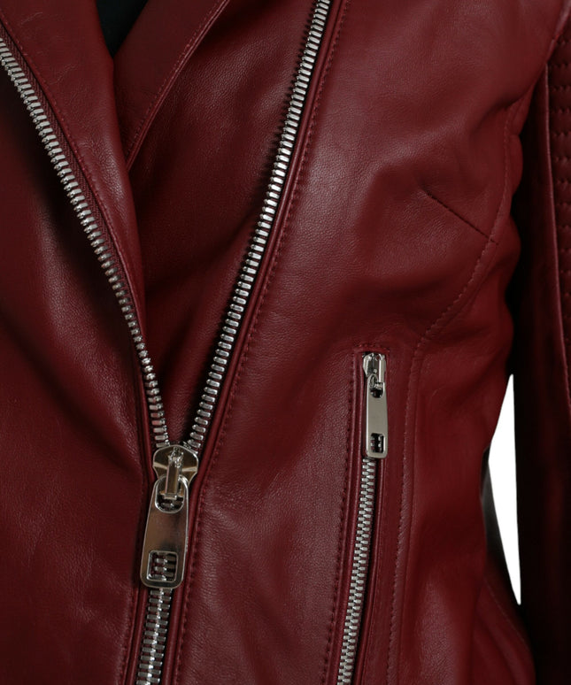 Dolce & Gabbana Bordeaux Leather Biker Coat Lambskin Jacket