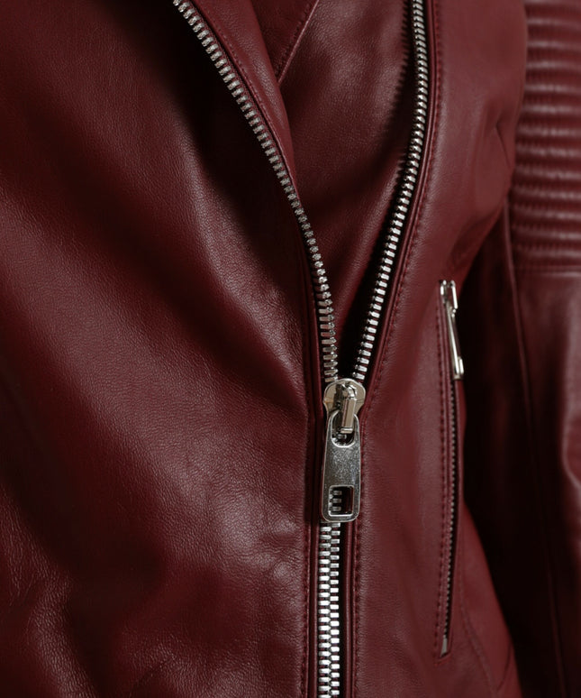 Dolce & Gabbana Bordeaux Leather Biker Coat Lambskin Jacket
