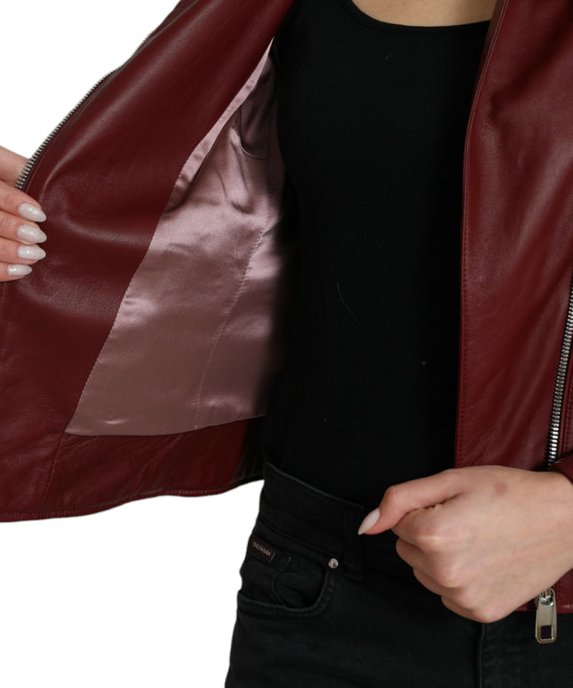 Dolce & Gabbana Bordeaux Leather Biker Coat Lambskin Jacket