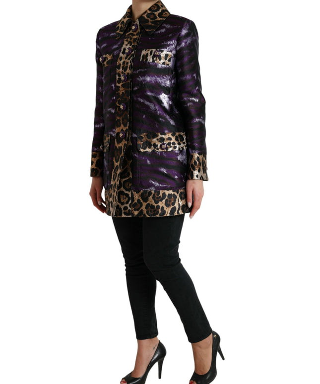 Dolce & Gabbana Purple Lamé Jacquard Tiger Print Coat Jacket