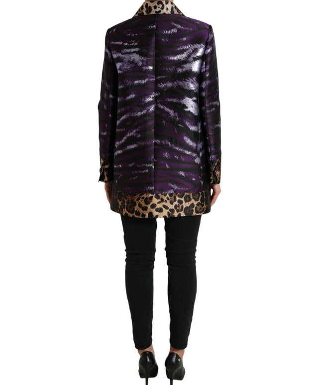 Dolce & Gabbana Purple Lamé Jacquard Tiger Print Coat Jacket