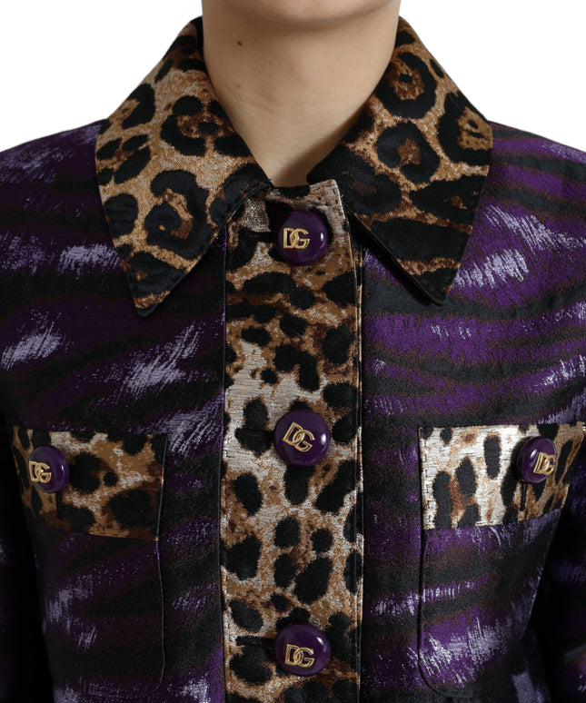 Dolce & Gabbana Purple Lamé Jacquard Tiger Print Coat Jacket