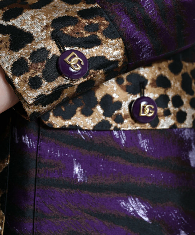 Dolce & Gabbana Purple Lamé Jacquard Tiger Print Coat Jacket