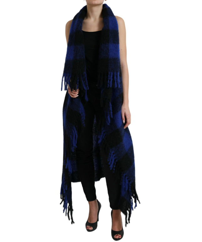 Dolce & Gabbana Black Blue Buffalo Check Poncho Coat Sweater
