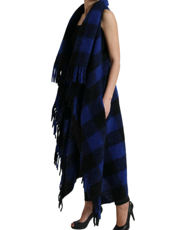 Dolce & Gabbana Black Blue Buffalo Check Poncho Coat Sweater