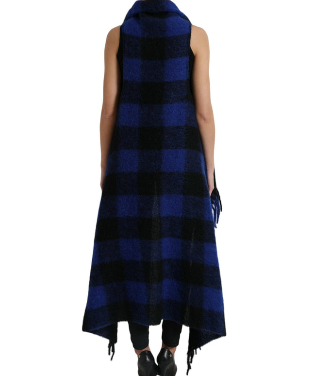 Dolce & Gabbana Black Blue Buffalo Check Poncho Coat Sweater