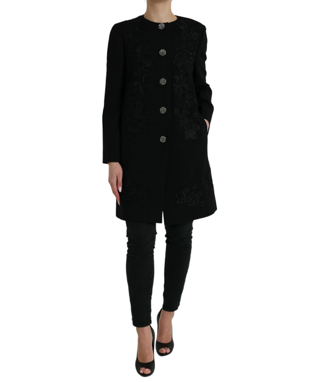 Dolce & Gabbana Black Floral Wool Button Embellished Jacket
