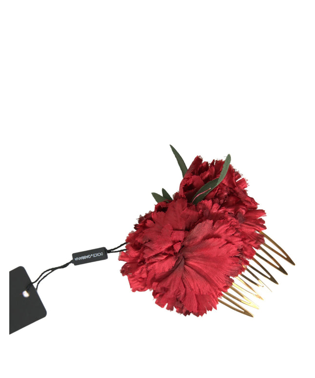 Dolce & Gabbana Red Silk Floral Gold Brass Women Hair Comb