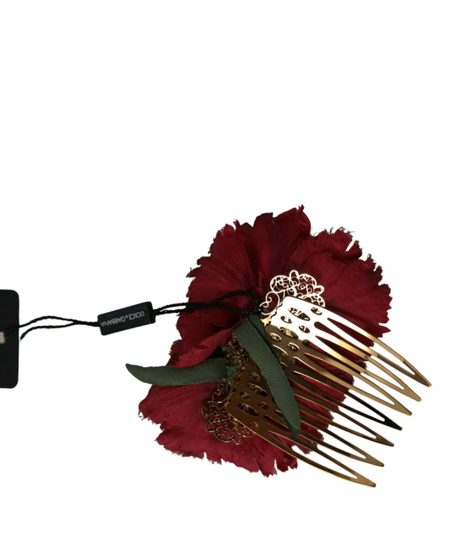 Dolce & Gabbana Red Silk Floral Gold Brass Women Hair Comb