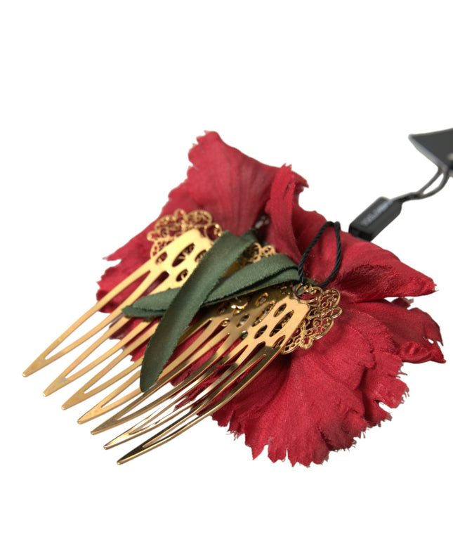 Dolce & Gabbana Red Silk Floral Gold Brass Women Hair Comb