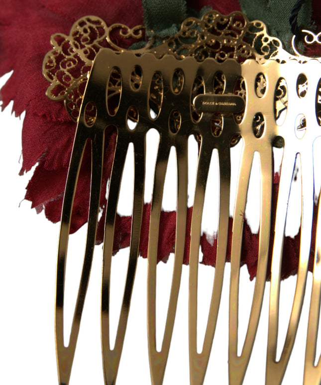 Dolce & Gabbana Red Silk Floral Gold Brass Women Hair Comb