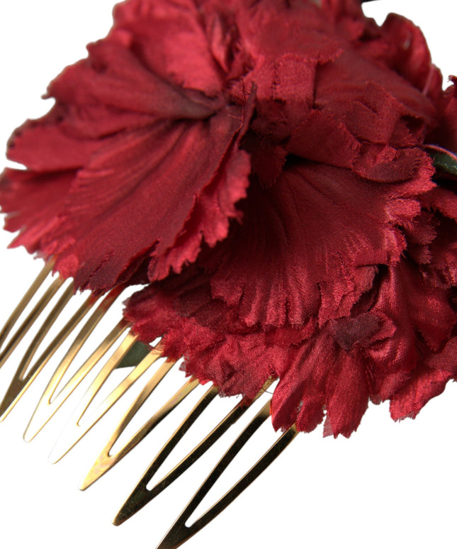 Dolce & Gabbana Red Silk Floral Gold Brass Women Hair Comb