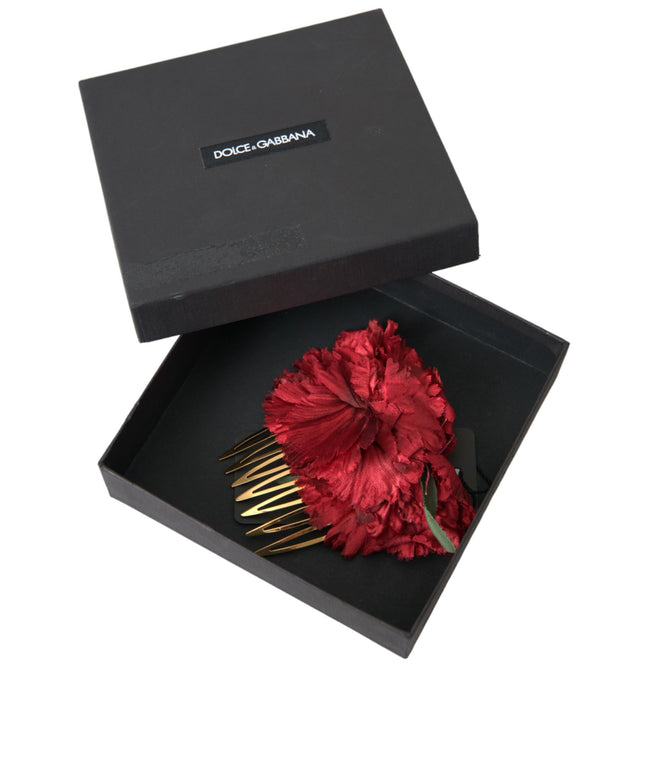Dolce & Gabbana Red Silk Floral Gold Brass Women Hair Comb