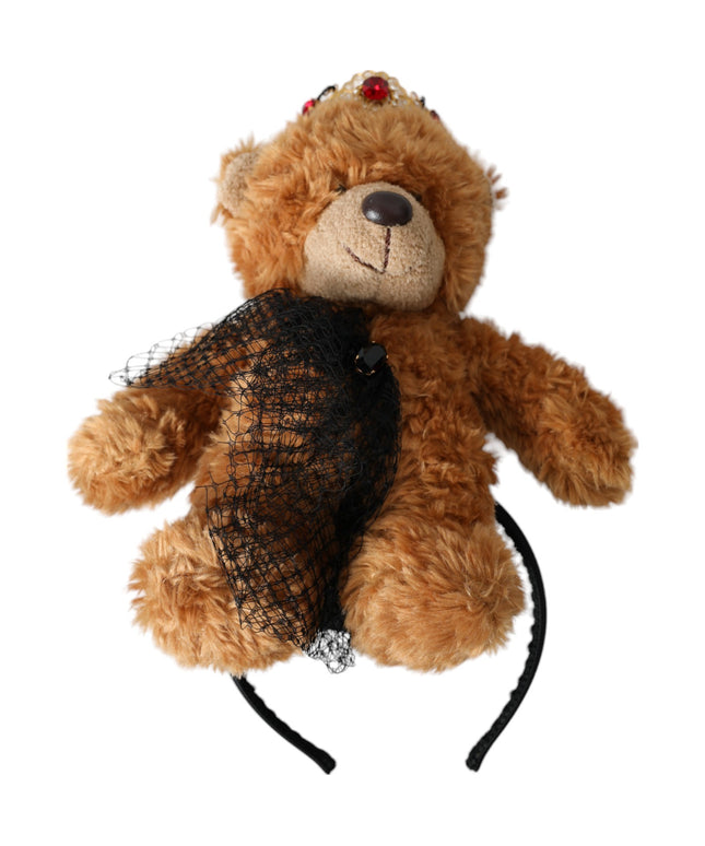 Dolce & Gabbana Brown Teddy Bear Gold Crystal Crown Hair Band Diadem