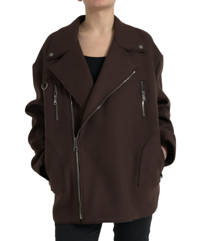 Dolce & Gabbana Brown Coat Short Biker Wool Jacket