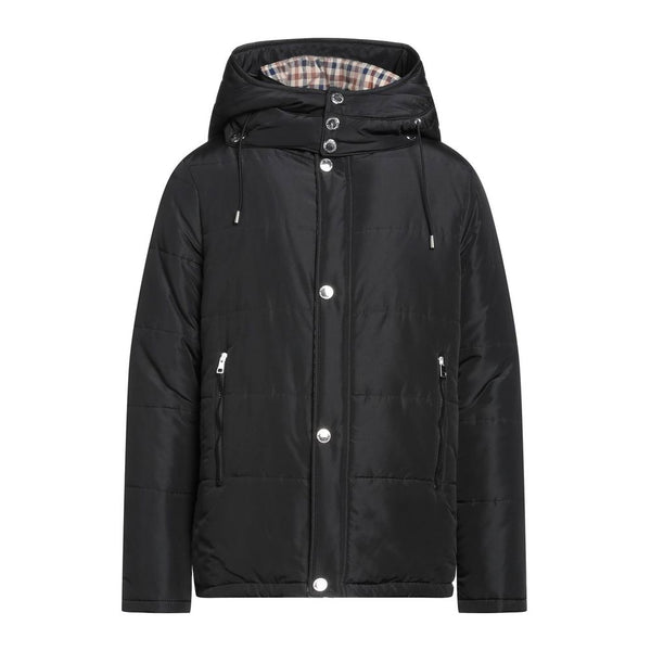 جاكيت Aquascutum الأسود الأنيق بغطاء رأس قابل للإزالة