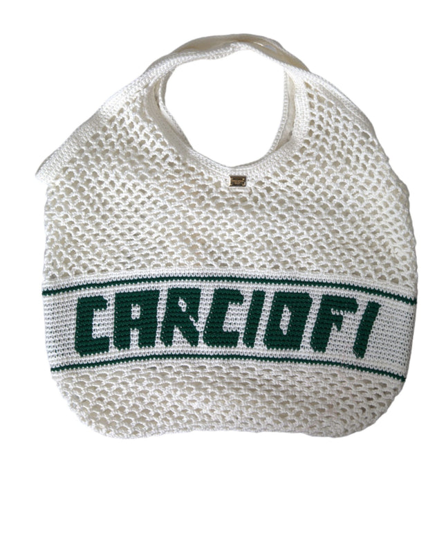 Dolce & Gabbana White Green Knitted Cotton Logo Shopping Tote Bag