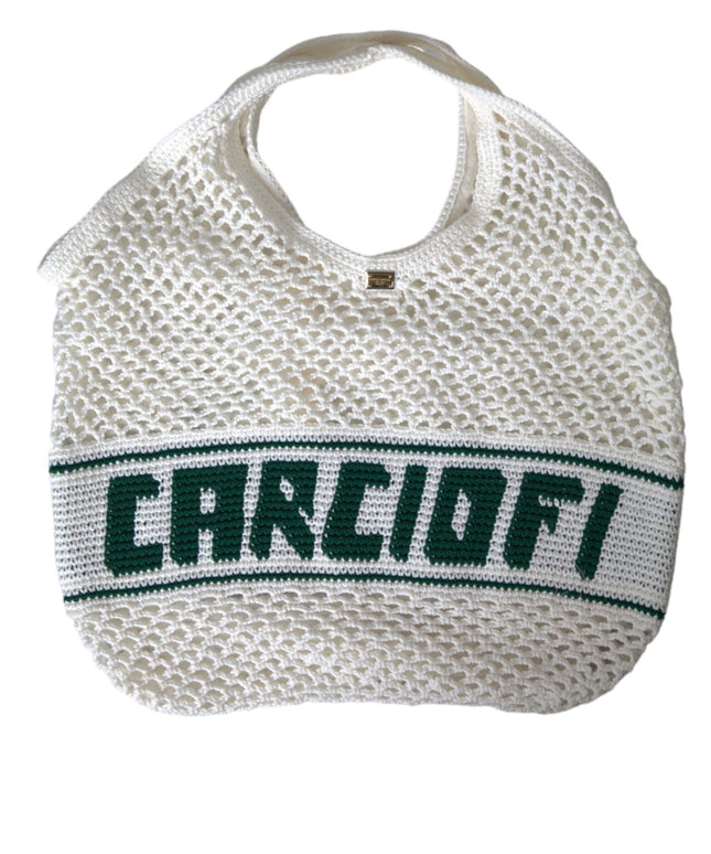 Dolce & Gabbana White Green Knitted Cotton Logo Shopping Tote Bag