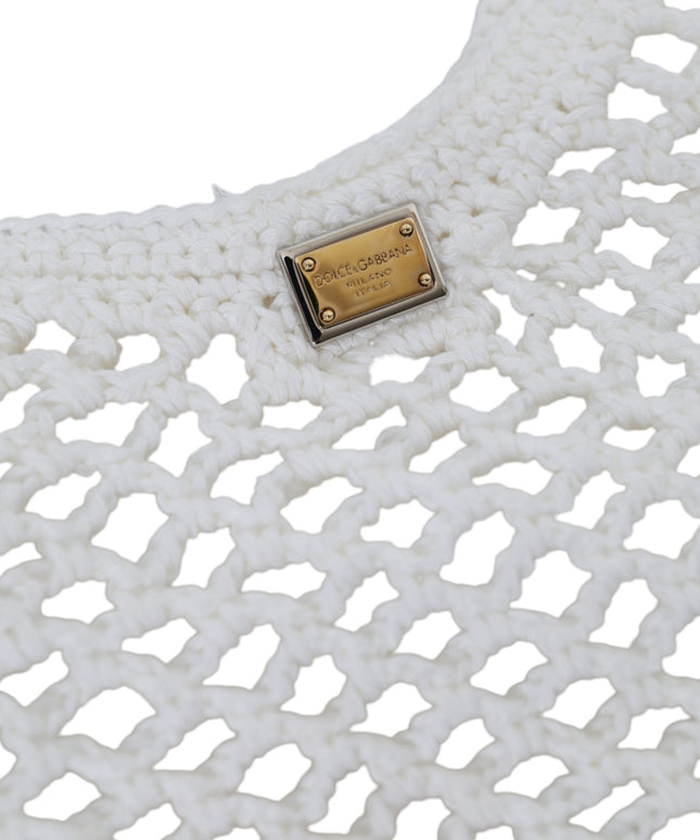 Dolce & Gabbana White Green Knitted Cotton Logo Shopping Tote Bag