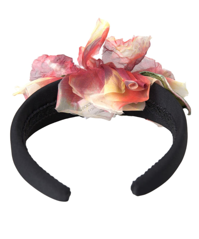 Dolce & Gabbana Rose Pink Silk Floral Black Tiara Women Hairband Diadem