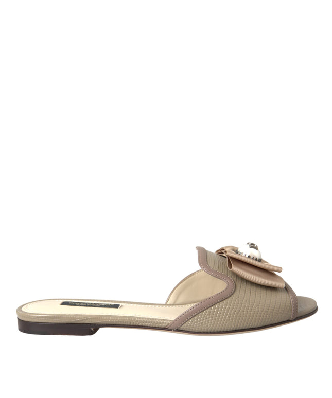 Dolce & Gabbana Beige Logo Pearl Flats Sandals Slides Shoes