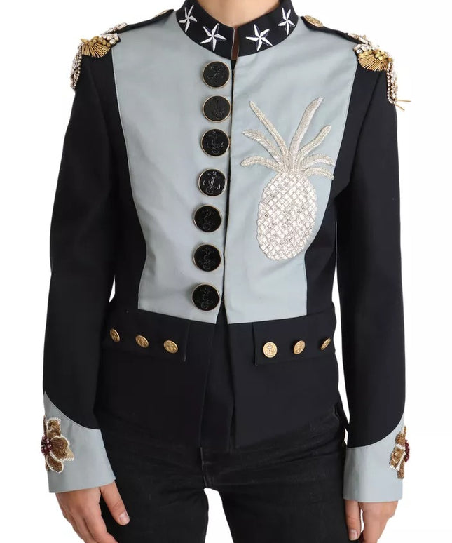 Dolce & Gabbana Blue Button Crystal Embellished Cotton Jacket