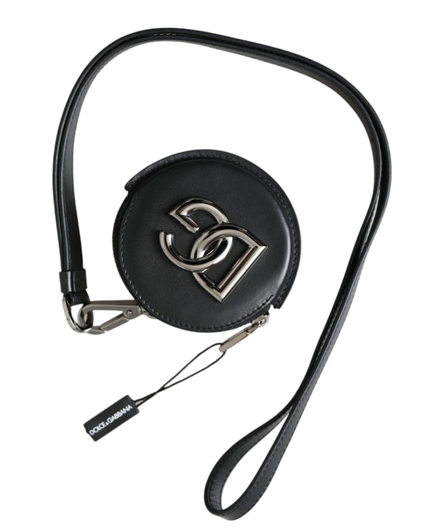 Dolce & Gabbana Black Round Leather DG Logo Coin Purse Lanyard Wallet