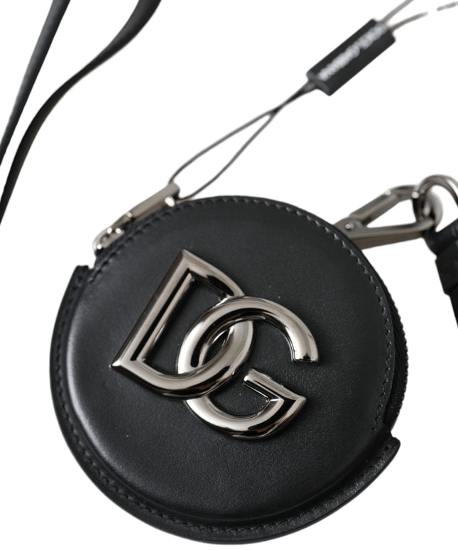 Dolce & Gabbana Black Round Leather DG Logo Coin Purse Lanyard Wallet