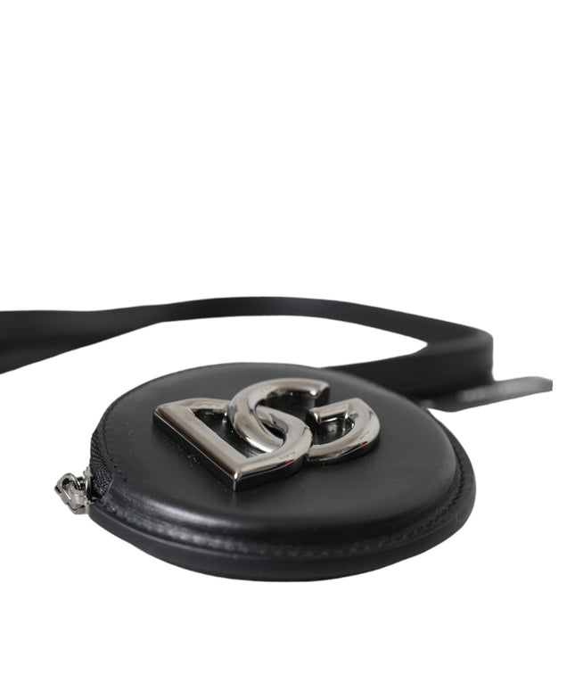 Dolce & Gabbana Black Round Leather DG Logo Coin Purse Lanyard Wallet