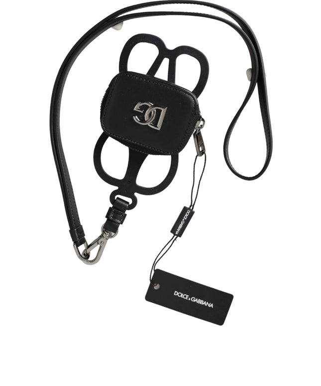Dolce & Gabbana Black Calfskin Leather DG Logo Coin Purse Lanyard Wallet