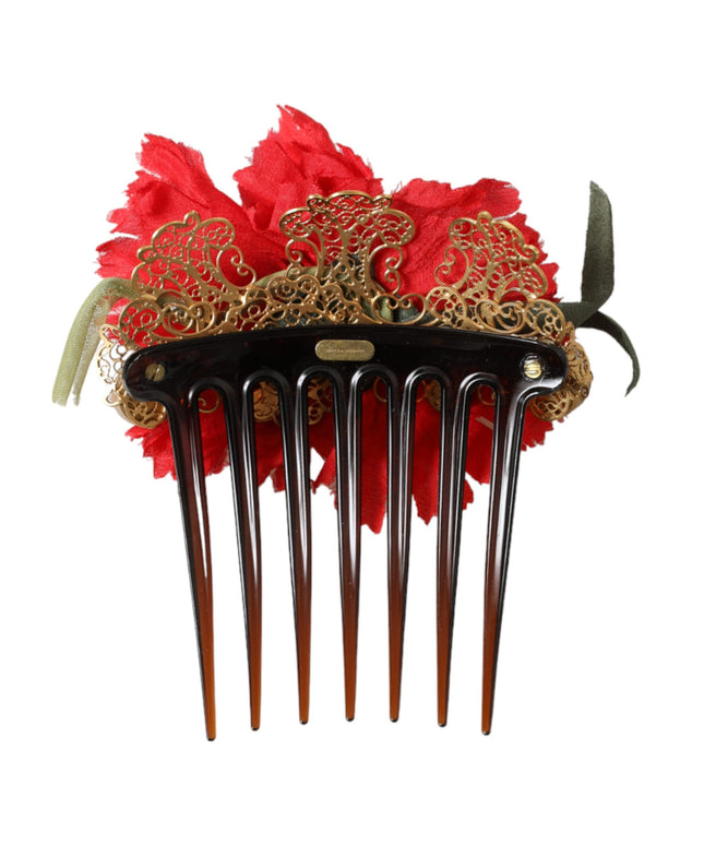 Dolce & Gabbana Red Silk Floral Gold Brass Women Hair Comb