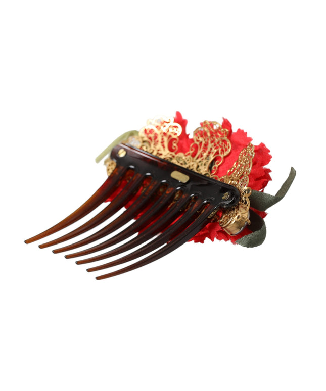 Dolce & Gabbana Red Silk Floral Gold Brass Women Hair Comb