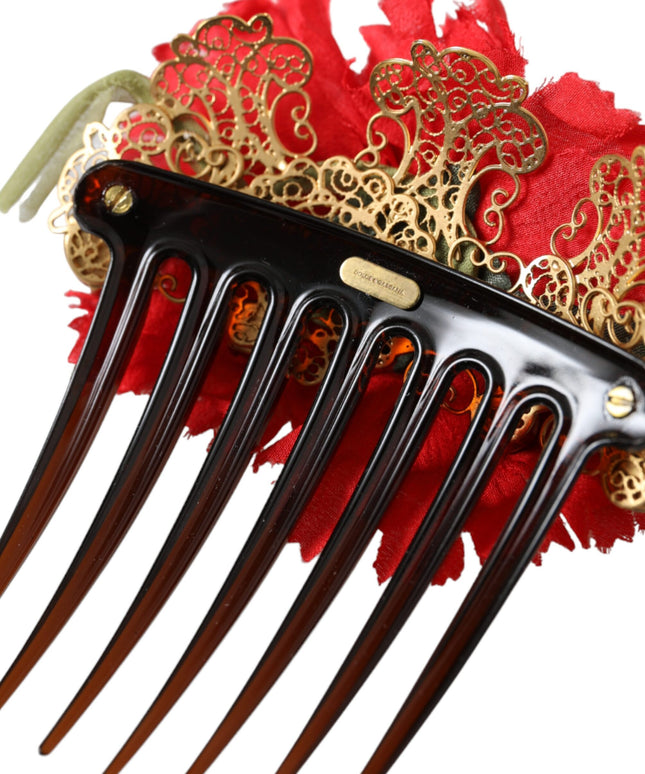 Dolce & Gabbana Red Silk Floral Gold Brass Women Hair Comb