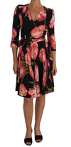 Dolce & Gabbana Black Pink Tulip Print Stretch Shift Dress