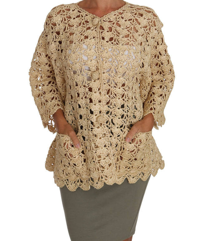 Dolce & Gabbana Beige Cardigan Crochet Knitted Raffia Sweater