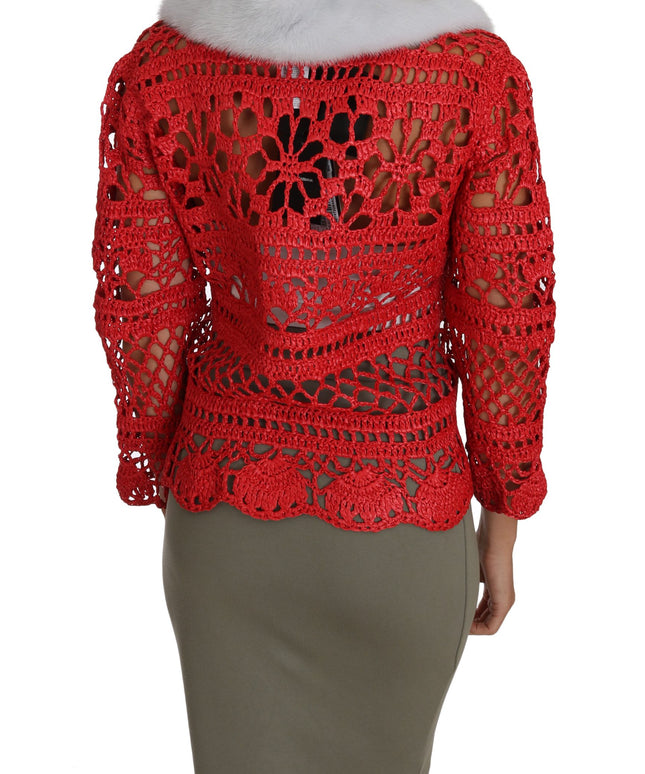 Dolce & Gabbana Red Cardigan Crochet Knit Raffia Sweater
