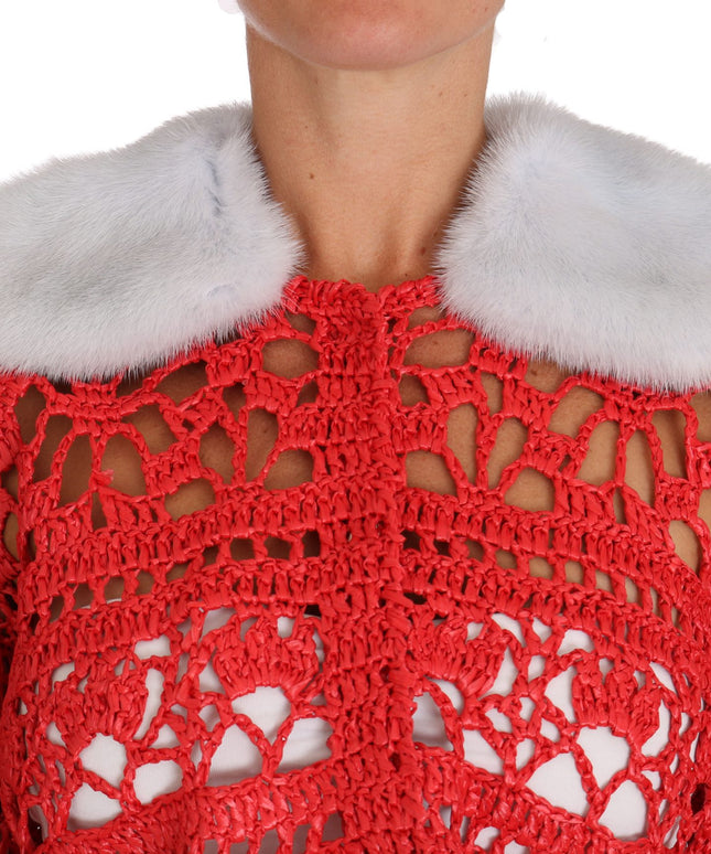 Dolce & Gabbana Red Cardigan Crochet Knit Raffia Sweater