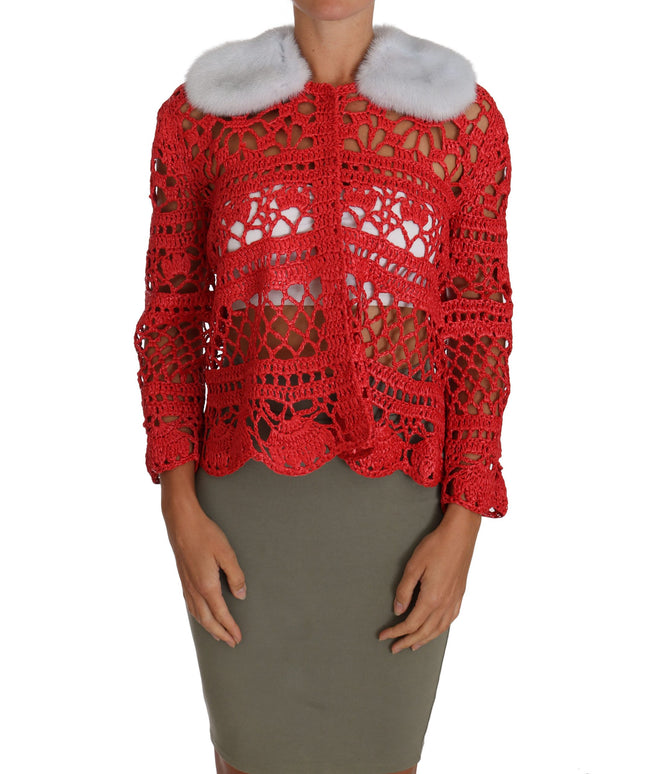 Dolce & Gabbana Red Cardigan Crochet Knit Raffia Sweater