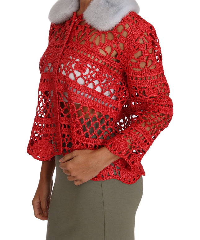 Dolce & Gabbana Red Cardigan Crochet Knit Raffia Sweater