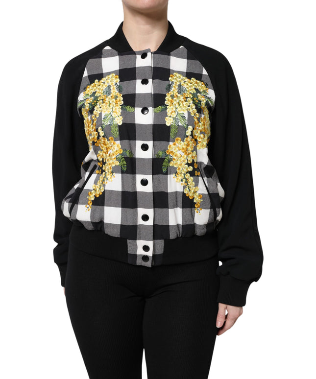 Dolce & Gabbana Black White Check Floral Button Down Jacket