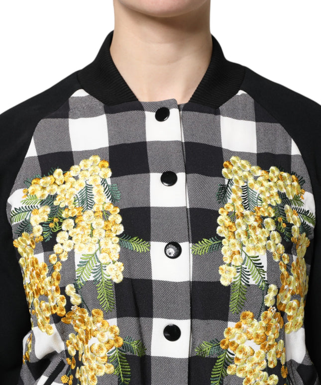 Dolce & Gabbana Black White Check Floral Button Down Jacket
