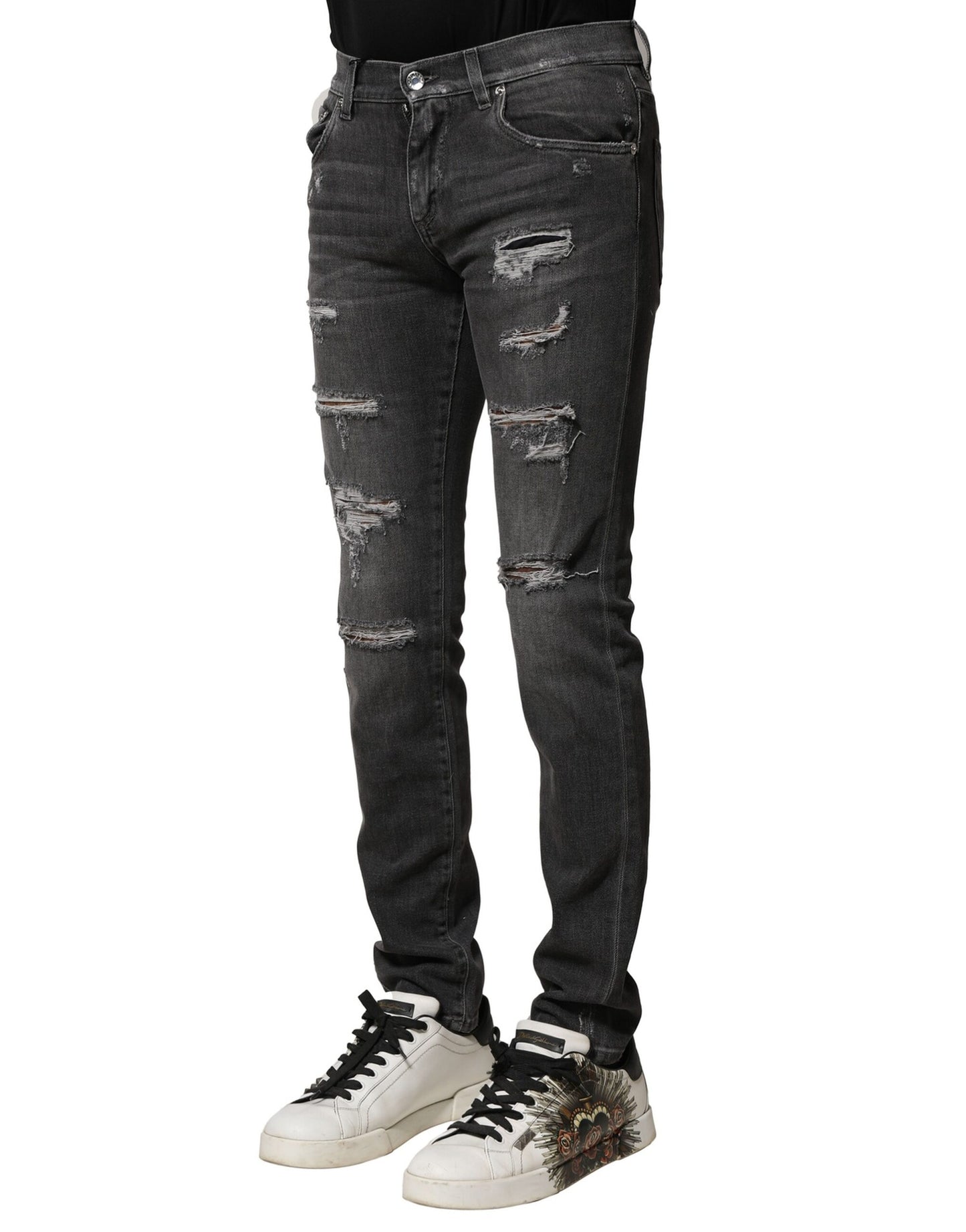 Dolce & Gabbana Black Washed Tattered Slim Fit Denim Jeans