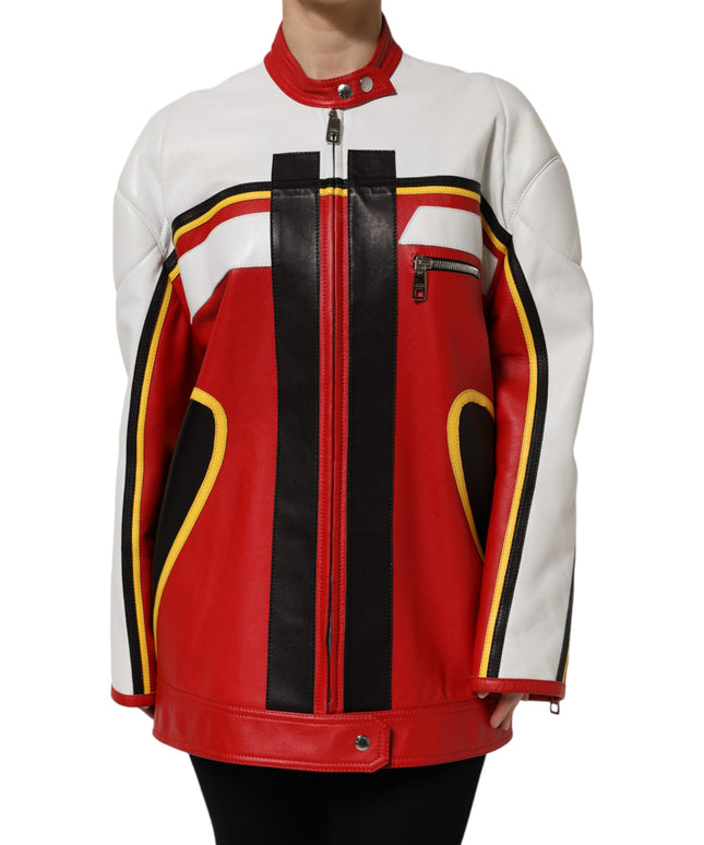 Dolce & Gabbana Multicolor Leather Biker Full Zip Coat Jacket