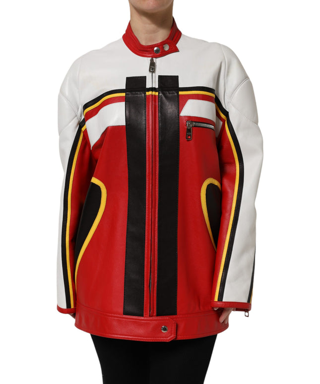 Dolce & Gabbana Multicolor Leather Biker Full Zip Coat Jacket