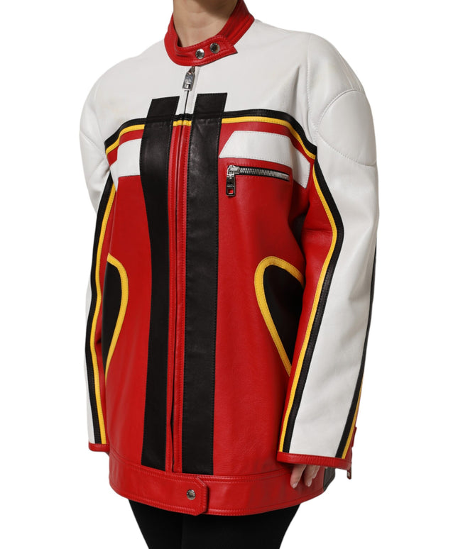 Dolce & Gabbana Multicolor Leather Biker Full Zip Coat Jacket