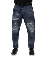 Dolce & Gabbana Blue Cotton Tattered Tapered Men Denim Jeans