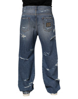 Dolce & Gabbana Blue Tattered Cotton Logo Plaque Denim Jeans