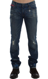 Costume National Blue Wash Paint Slim Fit Pants Jeans