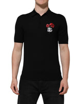 Dolce & Gabbana Black Wool DG Logo Rose Collared Polo T-shirt