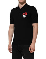 Dolce & Gabbana Black Wool DG Logo Rose Collared Polo T-shirt